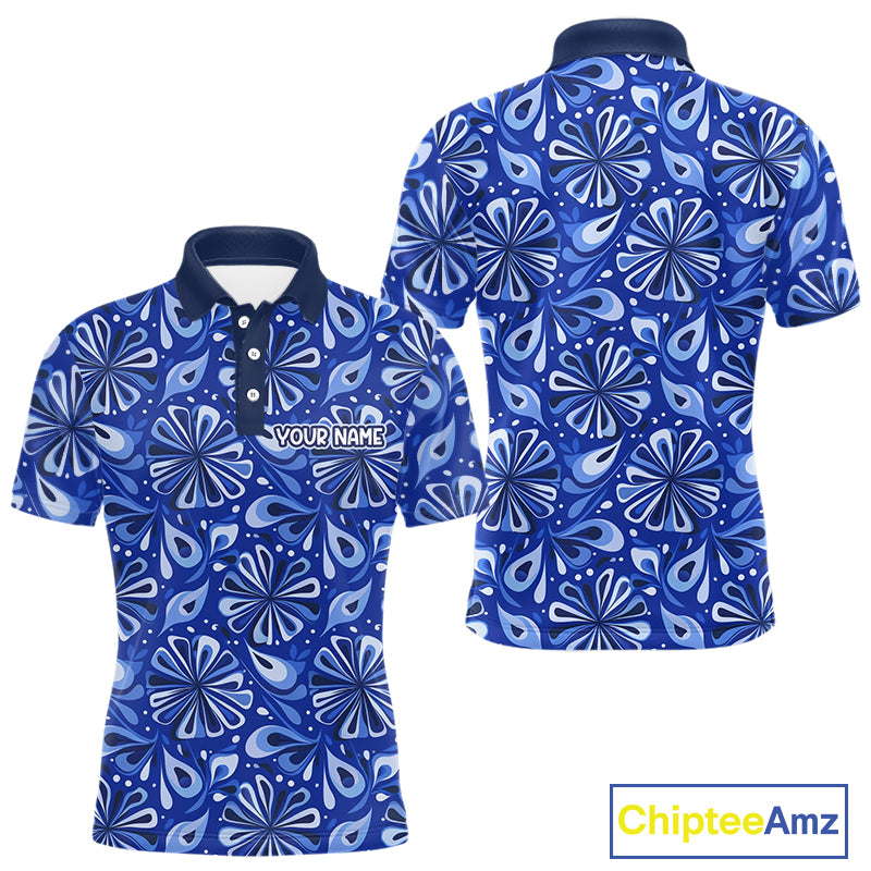Mens Golf Polo Shirts Custom Name Blue Geometric Floral Pattern, Team Golf Shirt NBT512
