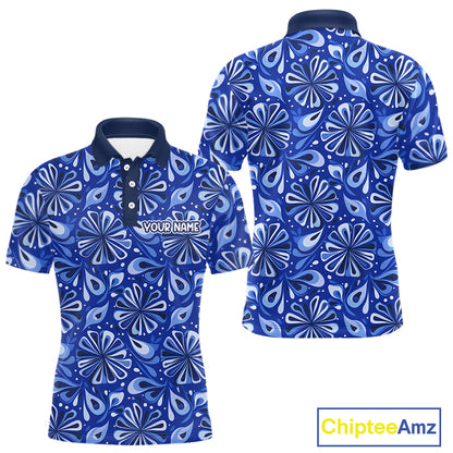 Mens Golf Polo Shirts Custom Name Blue Geometric Floral Pattern, Team Golf Shirt NBT512