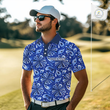 Mens Golf Polo Shirts Custom Name Blue Geometric Floral Pattern, Team Golf Shirt NBT512