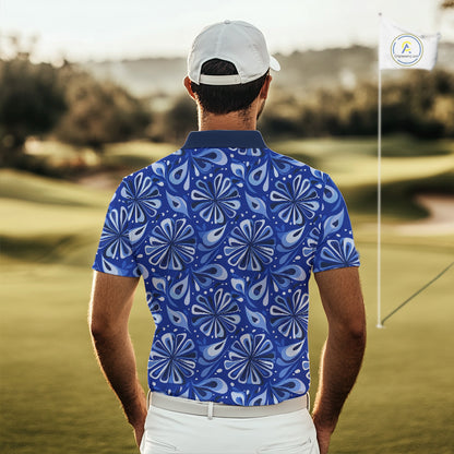 Mens Golf Polo Shirts Custom Name Blue Geometric Floral Pattern, Team Golf Shirt NBT512