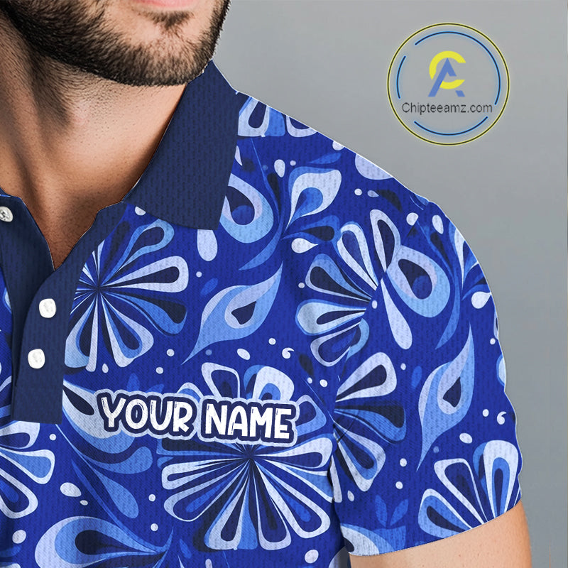 Mens Golf Polo Shirts Custom Name Blue Geometric Floral Pattern, Team Golf Shirt NBT512