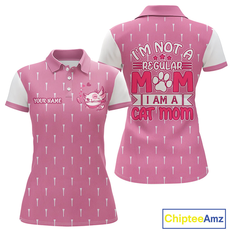 back view of humorous cat mom womens golf polo shirt custom name golf gift
