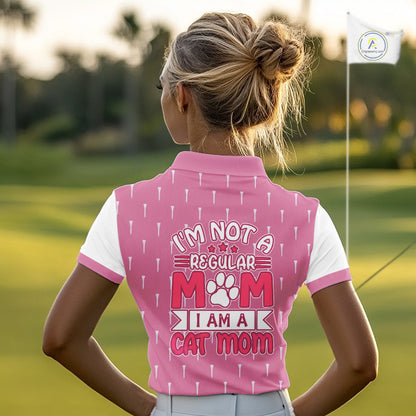 woman wearing funny womens golf polo with “I’m not a regular mom I’m a cat mom” print