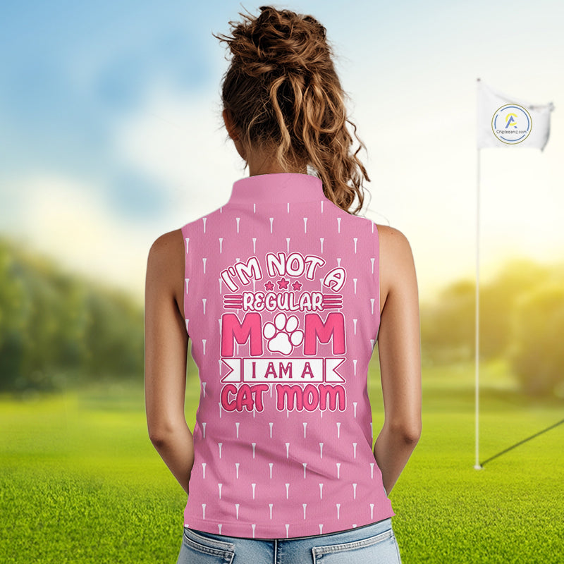 woman wearing funny womens sleeveless golf polo with “I’m not a regular mom I’m a cat mom” print