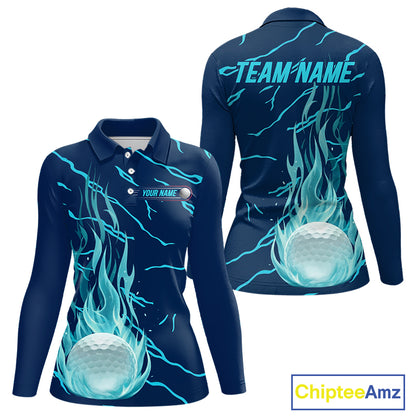 front and back view of long sleeve green flame golf balls womens golf polo shirt for ladies