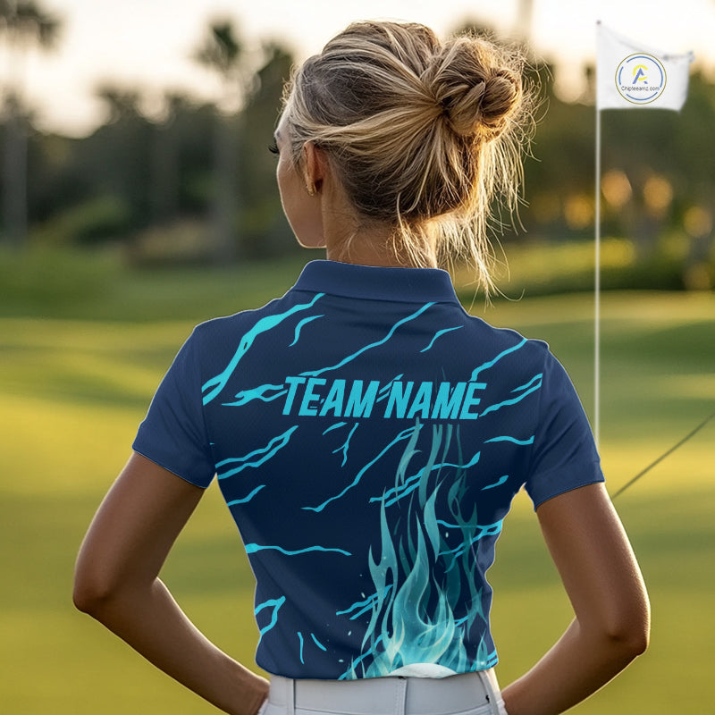 woman golfer in green flame womens golf polo with team name for golf lover