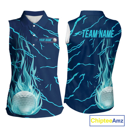 back view of green flame pattern womens sleeveless golf polo matching golf outfit