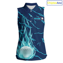 Load image into Gallery viewer, front view of green flame golf balls womens sleeveless golf polo shirt for ladies