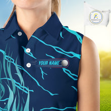 Load image into Gallery viewer, close up of green flame golf balls print on womens sleeveless golf polo shirt