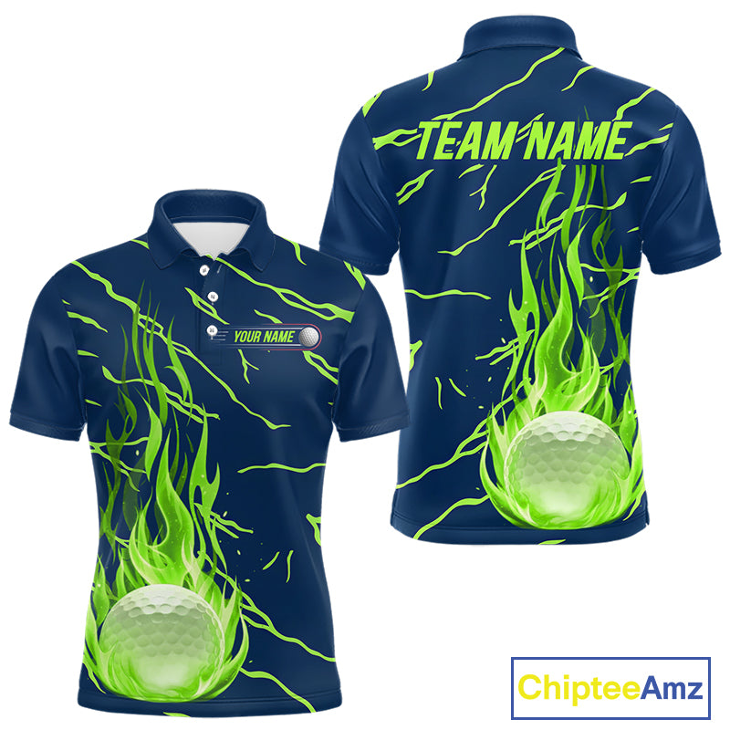 Golf balls green flame pattern mens golf polo shirt - back view