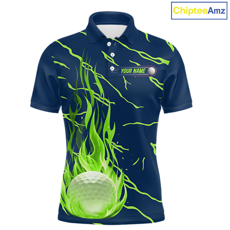 Golf balls green flame pattern mens golf polo shirt - front view
