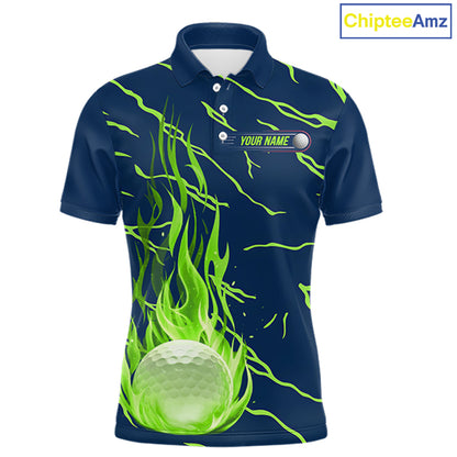 Golf balls green flame pattern mens golf polo shirt - front view
