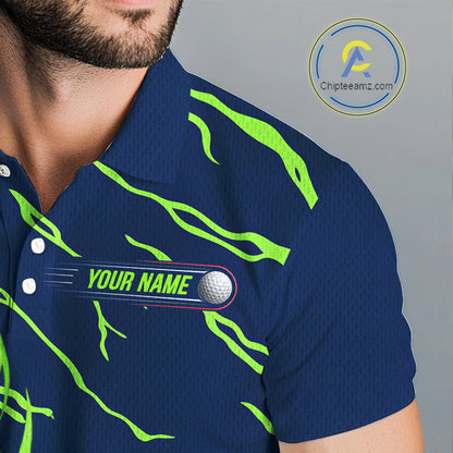 Close-up UPF polyester fabric golf balls green flame custom golf shirt moisture-wicking
