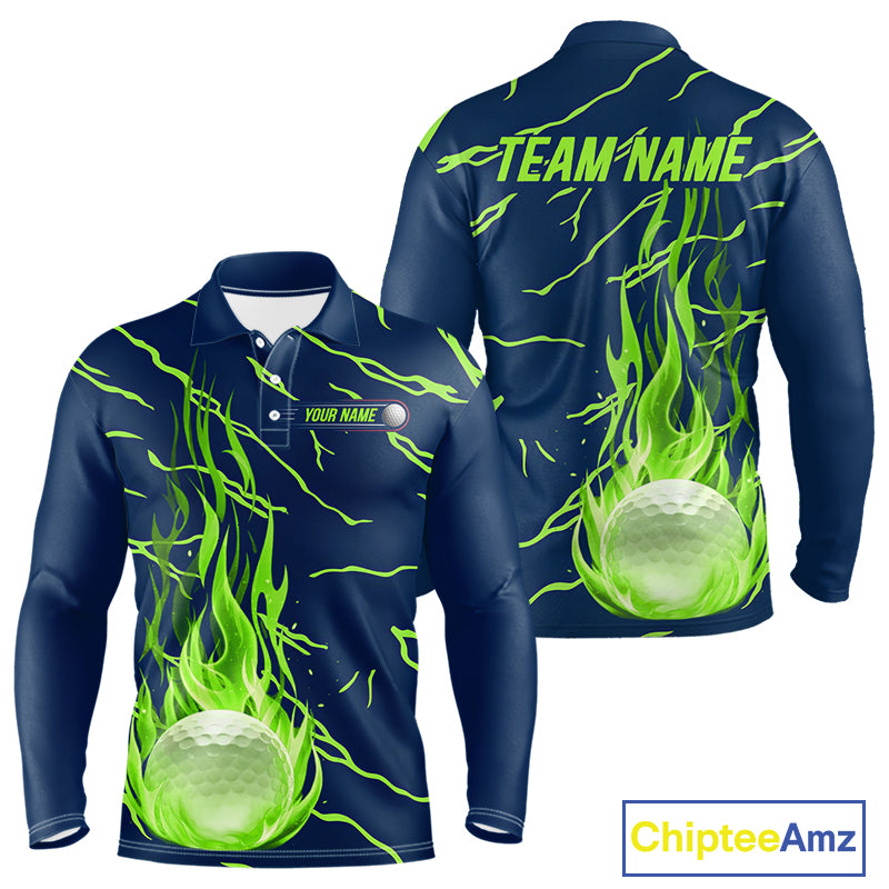 Golf balls green flame pattern mens long sleeve golf polo shirt - back view