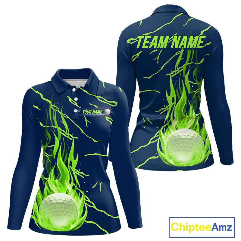front and back view of long sleeve green flame golf balls womens golf polo shirt for ladies