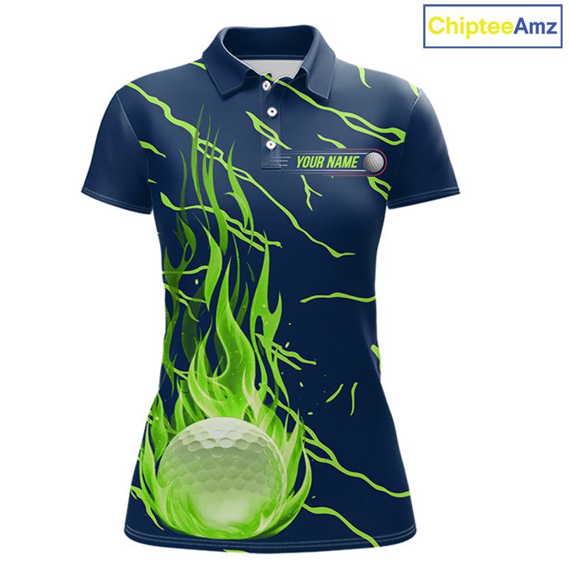 front view of green flame golf balls womens golf polo shirt for ladies