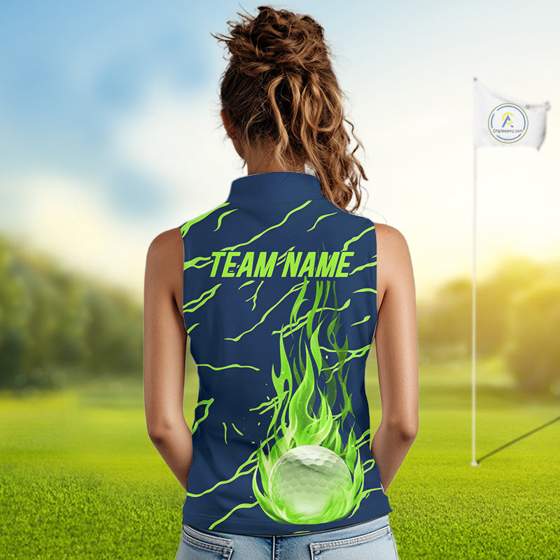 woman golfer in green flame womens sleeveless golf polo with team name for golf lover