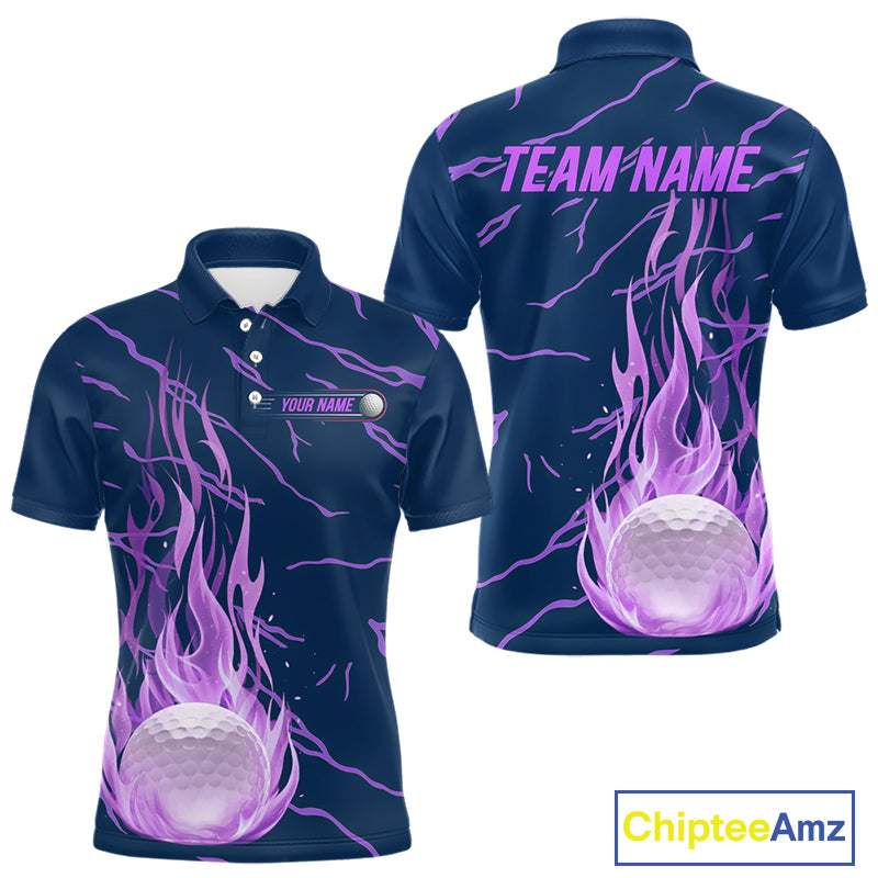 Golf balls purple flame pattern mens golf polo shirt - back view