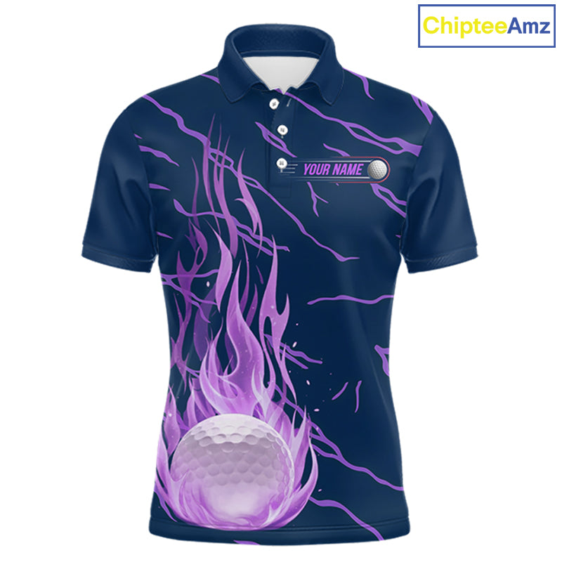 Golf balls purple flame pattern mens golf polo shirt - front view