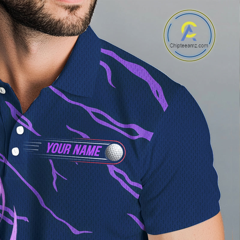 Close-up UPF polyester fabric golf balls purple flame custom golf shirt moisture-wicking