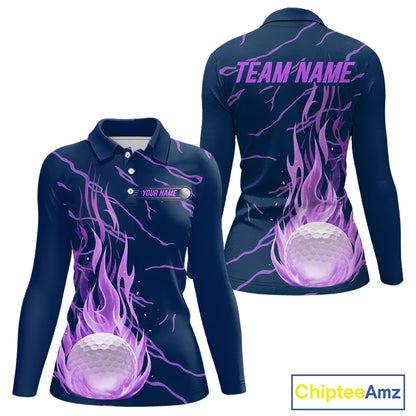 front and back view of long sleeve purple flame golf balls womens golf polo shirt for ladies