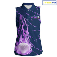 Load image into Gallery viewer, front view of purple flame golf balls womens sleeveless golf polo shirt for ladies