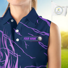 Load image into Gallery viewer, woman golfer in purple flame womens sleeveless golf polo with matching golf outfit