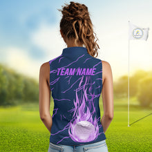 Load image into Gallery viewer, woman golfer in purple flame womens sleeveless golf polo with team name for golf lover