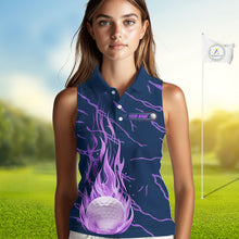 Load image into Gallery viewer, close up of purple flame golf balls print on womens sleeveless golf polo shirt