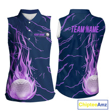 Load image into Gallery viewer, back view of purple flame pattern womens sleeveless golf polo matching golf outfit
