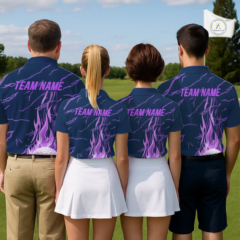 Matching golf outfits for men and women purple flame golf balls polo shirt