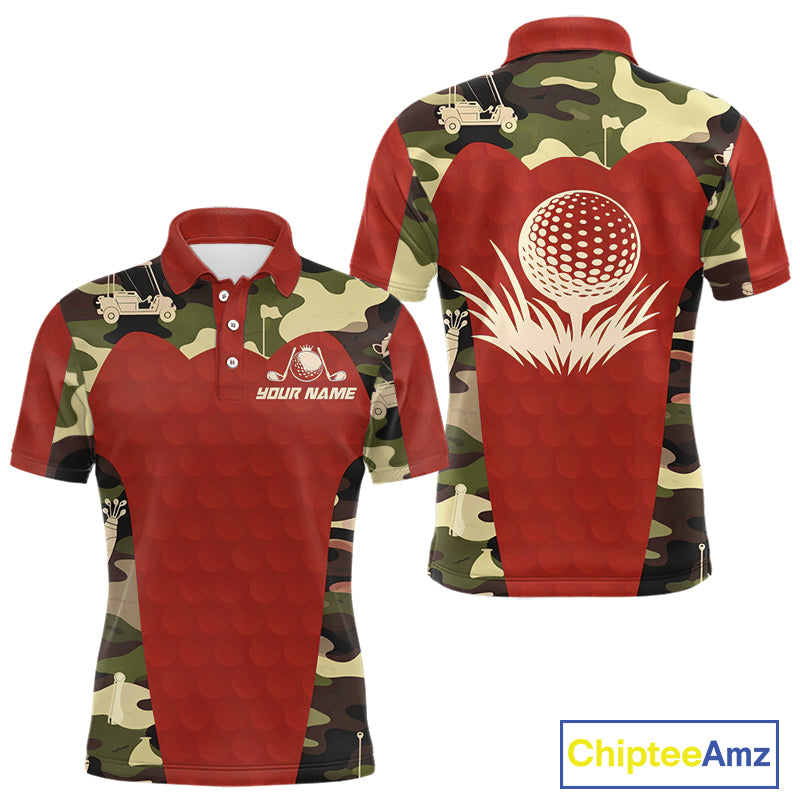 Red Camo Mens Golf Polo Shirts Custom Golf Outfit For Mens, Team Golf Shirts NBT633