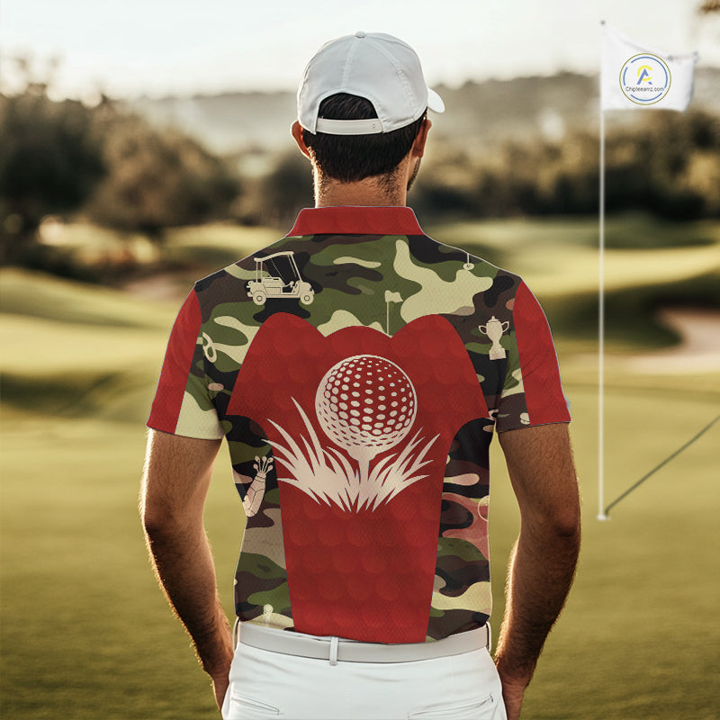 Red Camo Mens Golf Polo Shirts Custom Golf Outfit For Mens, Team Golf Shirts NBT633