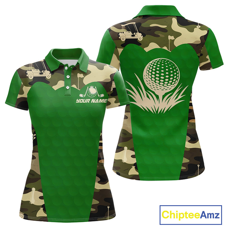 Green Camo Womens Golf Polo Shirts Custom Golf Outfit For Ladies, Team Golf Shirts NBT634