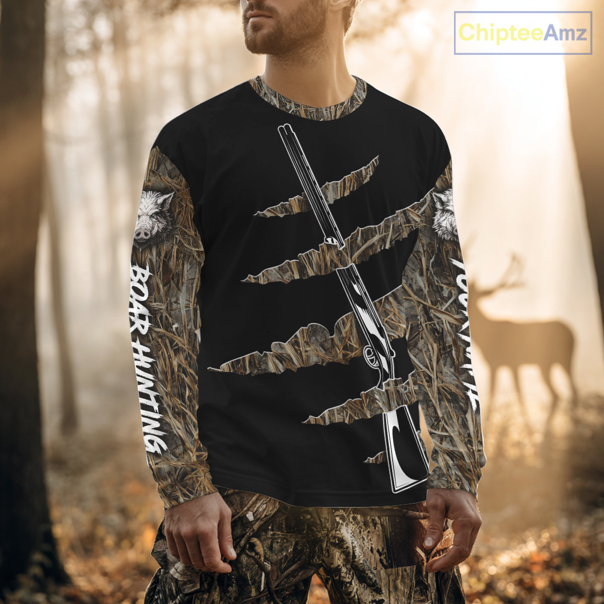 Beautiful Wild Boar Hunting 3D Print Camouflage Shirts with Rifle, Boar Hunting Clothes NBT142