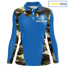 Load image into Gallery viewer, Womens Disc Golf Polo Shirt Custom Name Camo Disc Golf Basket, Personalized Disc Golf Shirts|Blue NBT640