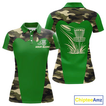Load image into Gallery viewer, Womens Disc Golf Polo Shirt Custom Name Camo Disc Golf Basket, Personalized Disc Golf Shirts|Green NBT641