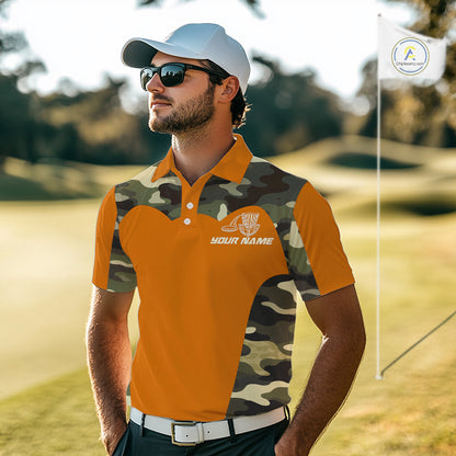 Mens Disc Golf Polo Shirt Custom Name Camo Disc Golf Basket, Personalized Disc Golf Shirts|Orange NBT644