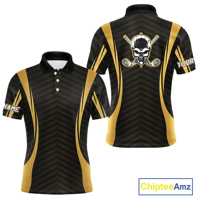 Front and back view Custom Skull mens golf polo shirt black gold design with custom name on chest