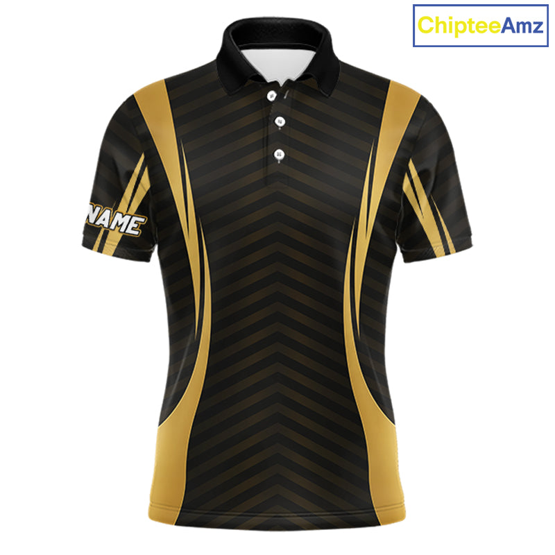 Front view Custom Skull mens golf polo shirt black gold design with custom name on chest