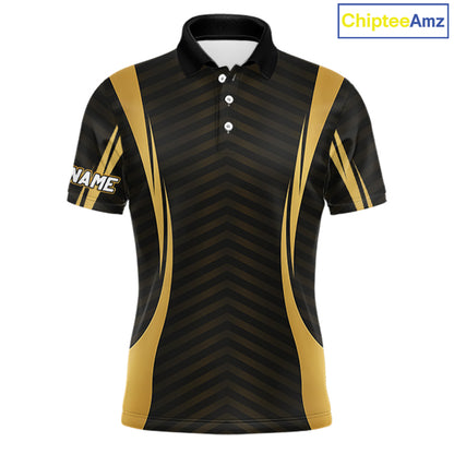 Front view Custom Skull mens golf polo shirt black gold design with custom name on chest