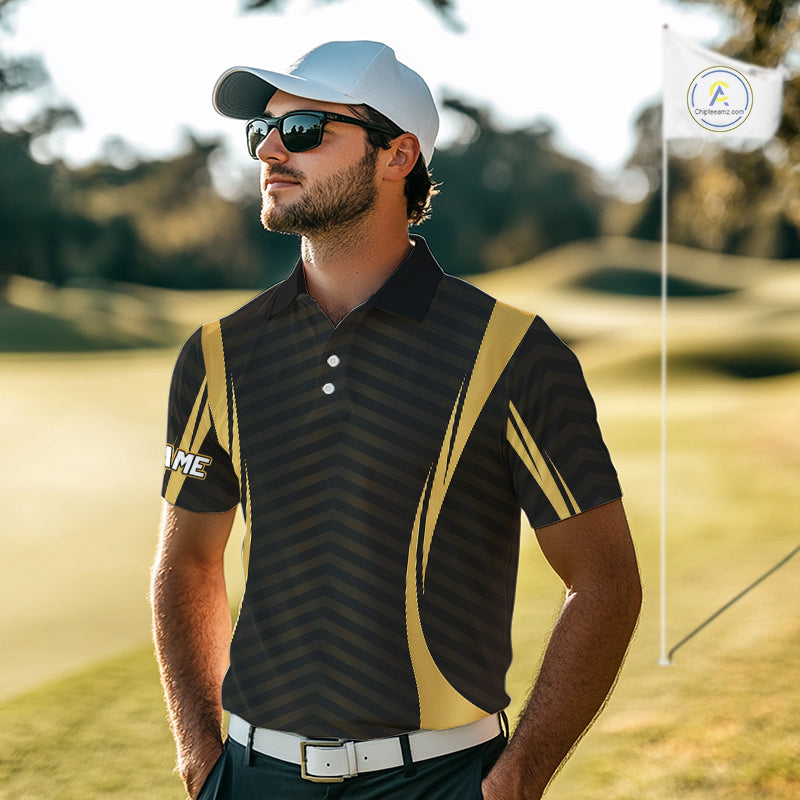 Golfer wearing Custom Skull mens golf polo shirt black gold personalized golf gift for men on the golf course