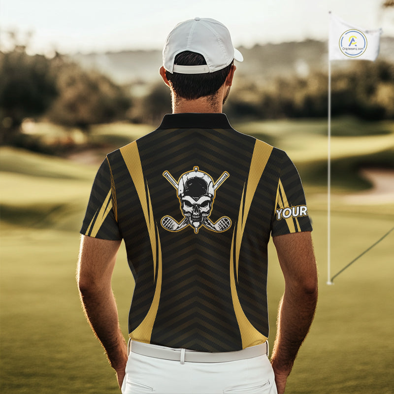 Golfer wearing Custom Skull mens golf polo shirt black gold personalized golf gift for men on the golf course