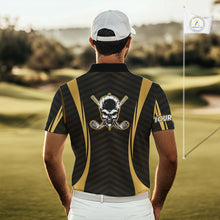 Load image into Gallery viewer, Golfer wearing Custom Skull mens golf polo shirt black gold personalized golf gift for men on the golf course