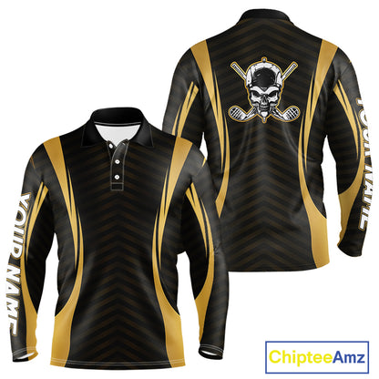 Front and back view Custom Skull mens long sleeve golf polo shirt black gold design with custom name on sleeve 