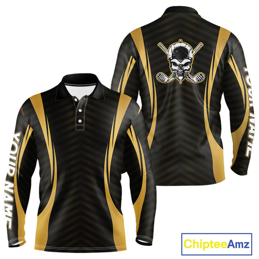 Front and back view Custom Skull mens long sleeve golf polo shirt black gold design with custom name on sleeve 