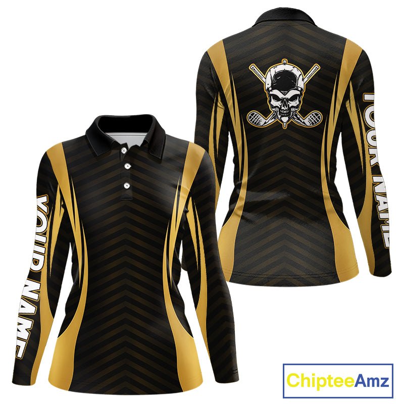 Front and back view Custom Skull mens long sleeve golf polo shirt black gold design with custom name on sleeve