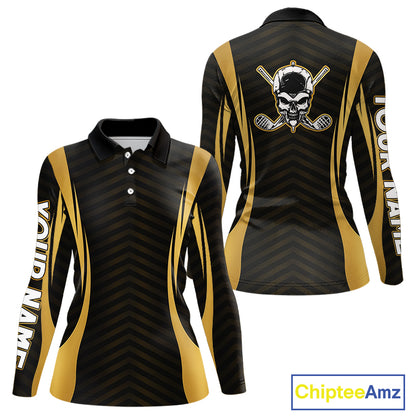 Front and back view Custom Skull mens long sleeve golf polo shirt black gold design with custom name on sleeve