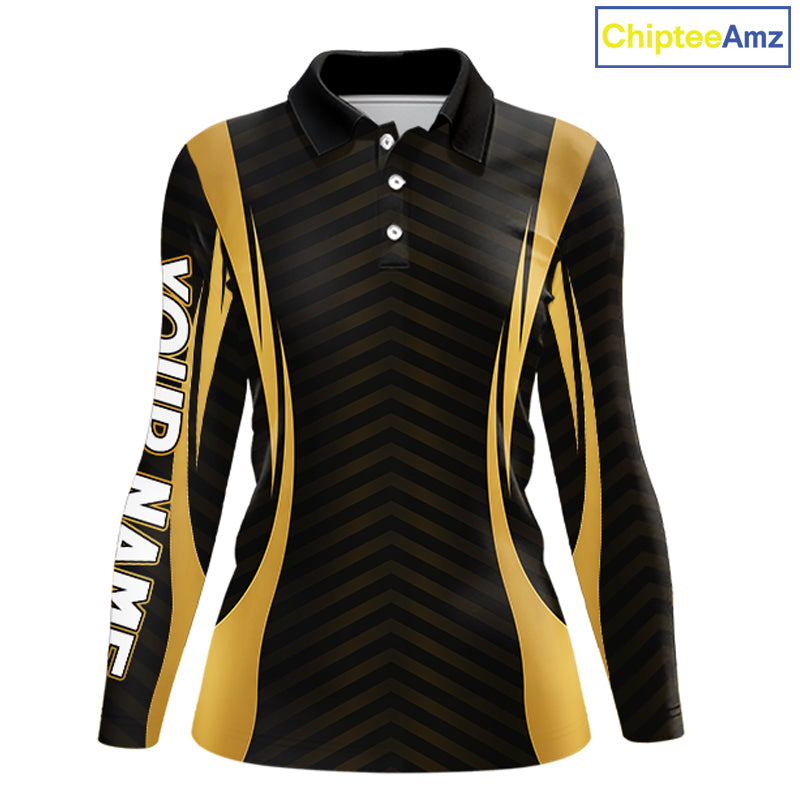 Front view Custom Skull mens long sleeve golf polo shirt black gold design with custom name on sleeve