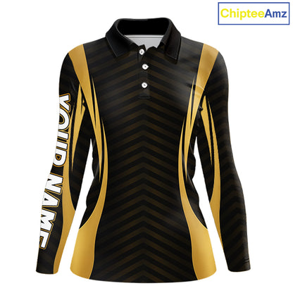 Front view Custom Skull mens long sleeve golf polo shirt black gold design with custom name on sleeve